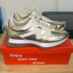 Luxurious Gold and White Low-Top Sneakers